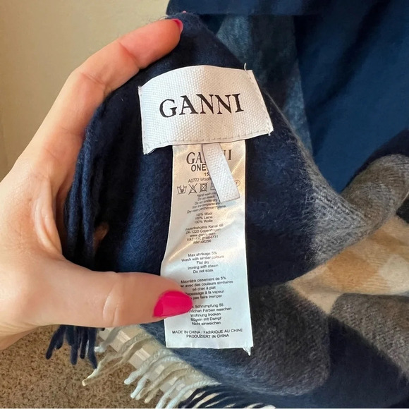 Ganni Fringed Poncho in Navy Check - Picture 7 of 8